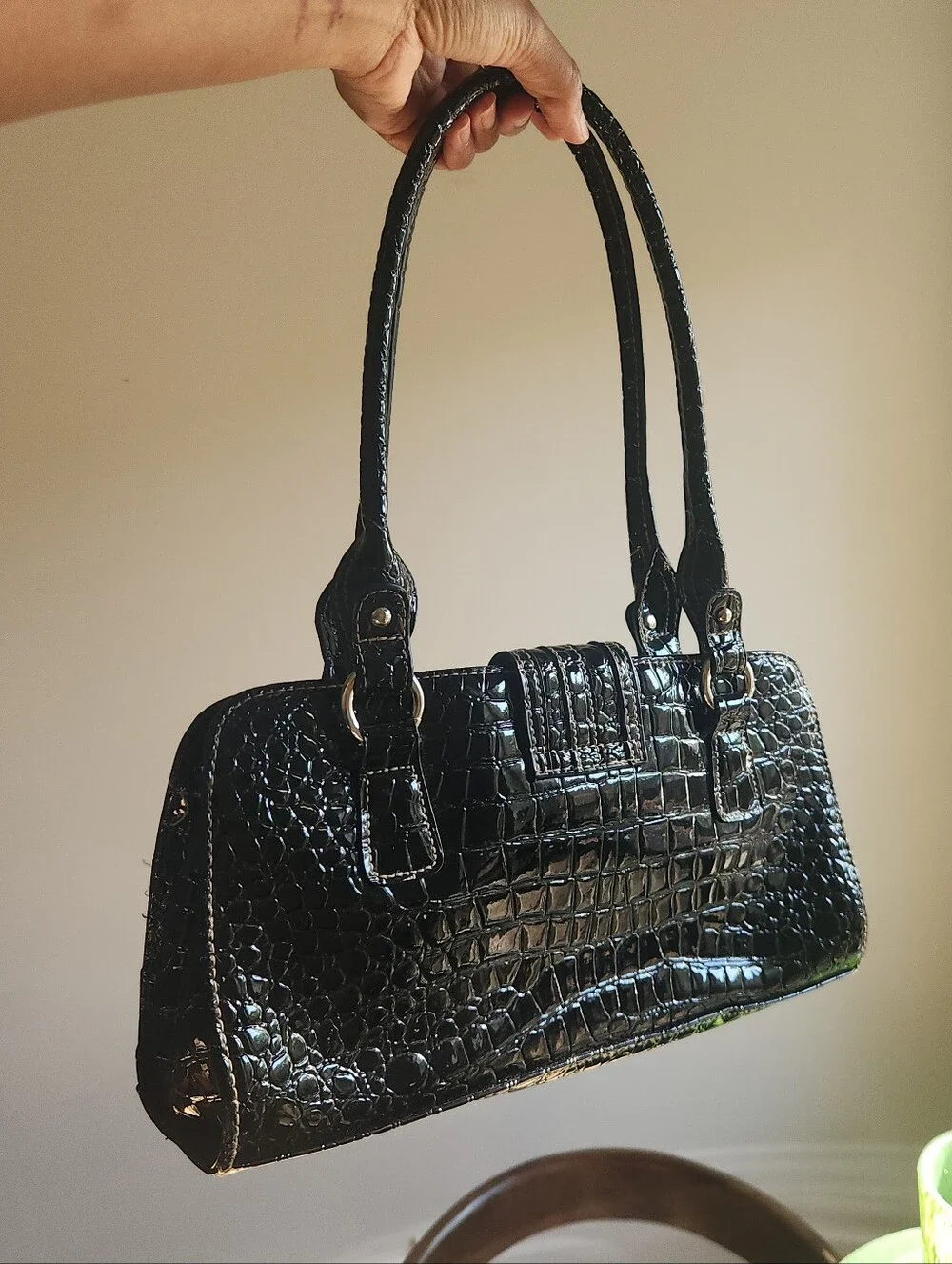 Vintage Black Croc Embossed Vinyl Satchel Handbag Silver Hardware Top Handle Pur